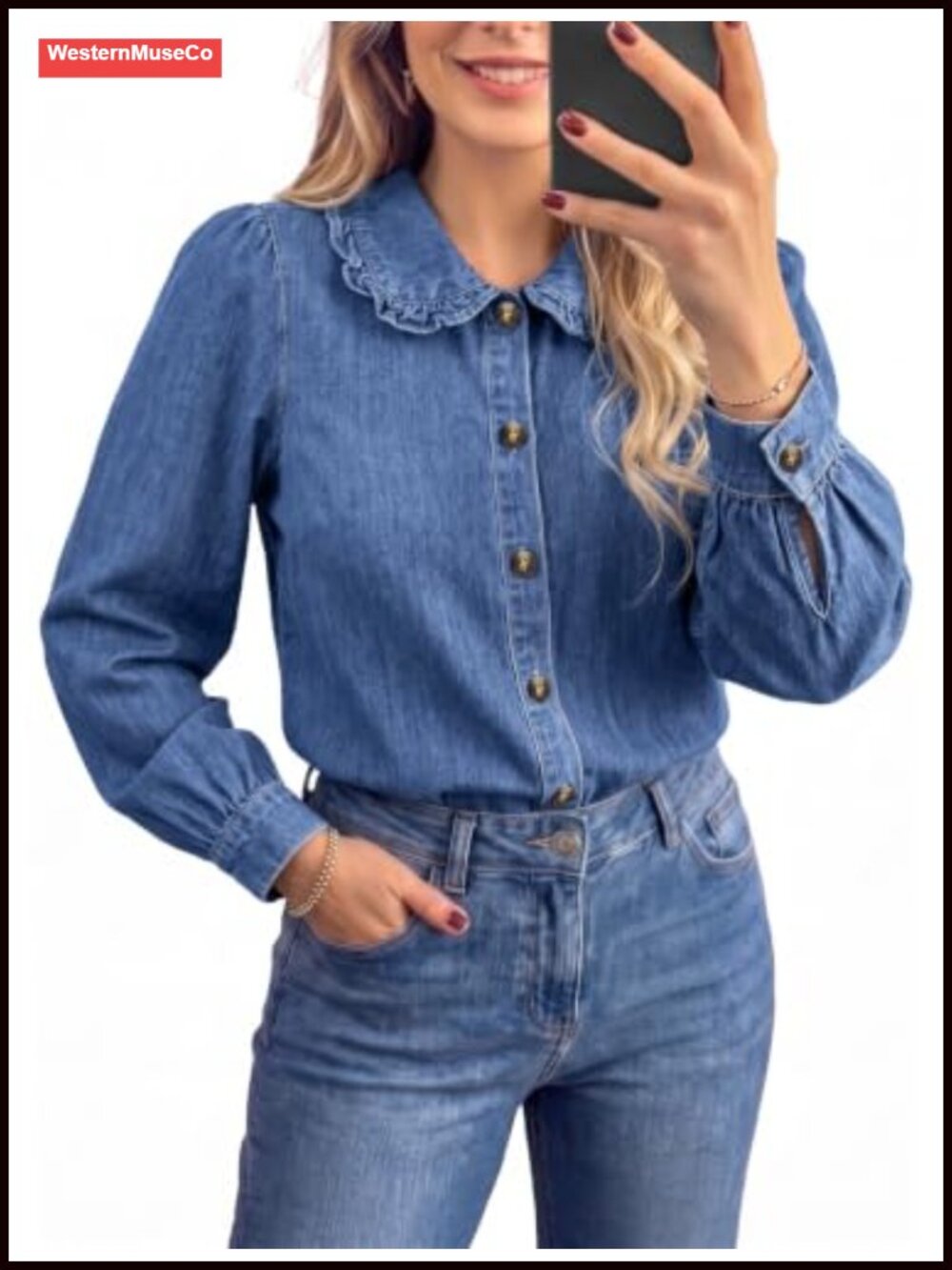 Womens Cotton Blend Peter Pan Collar Button Down Denim Shirt Puff Sleeve Blouse